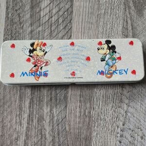 Disney Vintage 90s‎ Mickey Minnie Mouse Tin Pencil Case Heart Graphic Rare Ellon